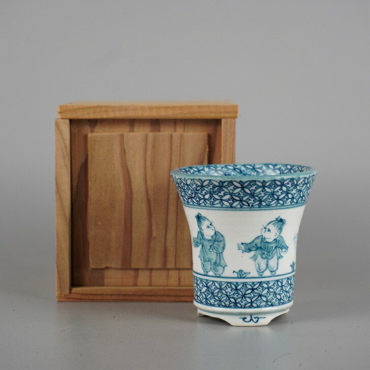 中古】盆栽鉢 ゆうき祥石 小鉢 長辺 約 7.1cm 丸鉢 唐子 風景 模様 箱