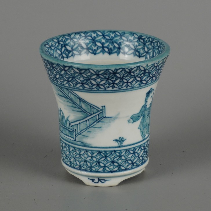 中古】盆栽鉢 ゆうき祥石 小鉢 長辺 約 7.1cm 丸鉢 唐子 風景 模様 箱
