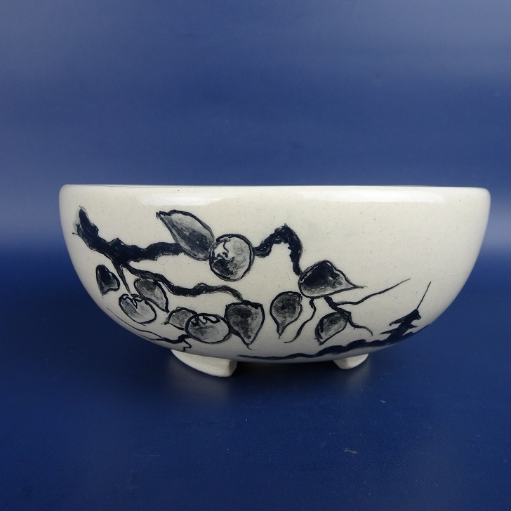 盆栽鉢 蝉山 小型 長辺 約13.5cm 丸鉢 色絵 風景 日本橋 植物 観賞用