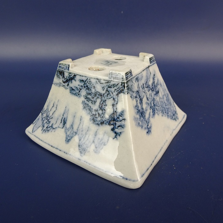 『正山造』　大型縁付き中帯長方鉢 中古】盆栽鉢 裕峯 小型 長辺 約11.5cm 六角鉢 外縁 染付 箱付 現品