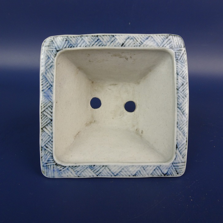 『正山造』　大型縁付き中帯長方鉢 中古】盆栽鉢 裕峯 小型 長辺 約11.5cm 六角鉢 外縁 染付 箱付 現品