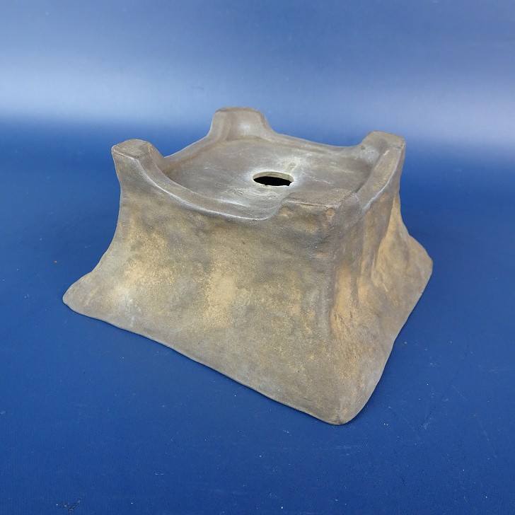 中古】盆栽鉢 柴田 馨山造 小型 長辺 約10cm 正方鉢 泥鉢 現品 中古鉢
