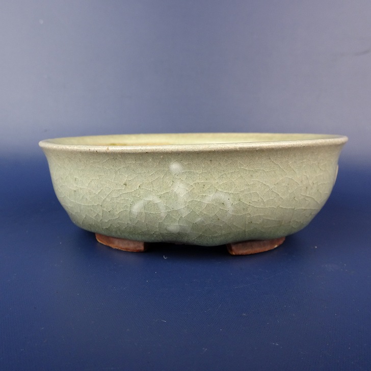 中古】盆栽鉢 平安 虹泉 小型 長辺 約11.5cm 楕円鉢 貫入 釉薬 現品