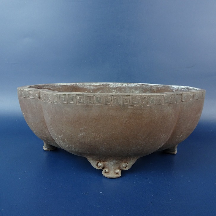 中国美術 梅紋樣 黄泥盆栽鉢 植木鉢 紅花怒放 中古】盆栽鉢 荊渓?古