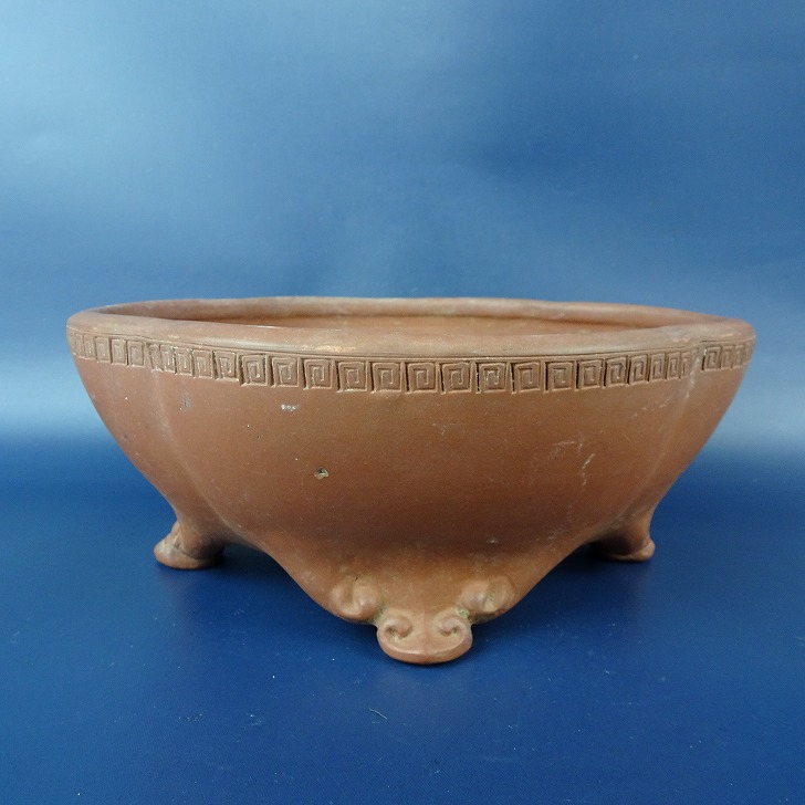 中国美術 梅紋樣 黄泥盆栽鉢 植木鉢 紅花怒放 中古】盆栽鉢 落款あり