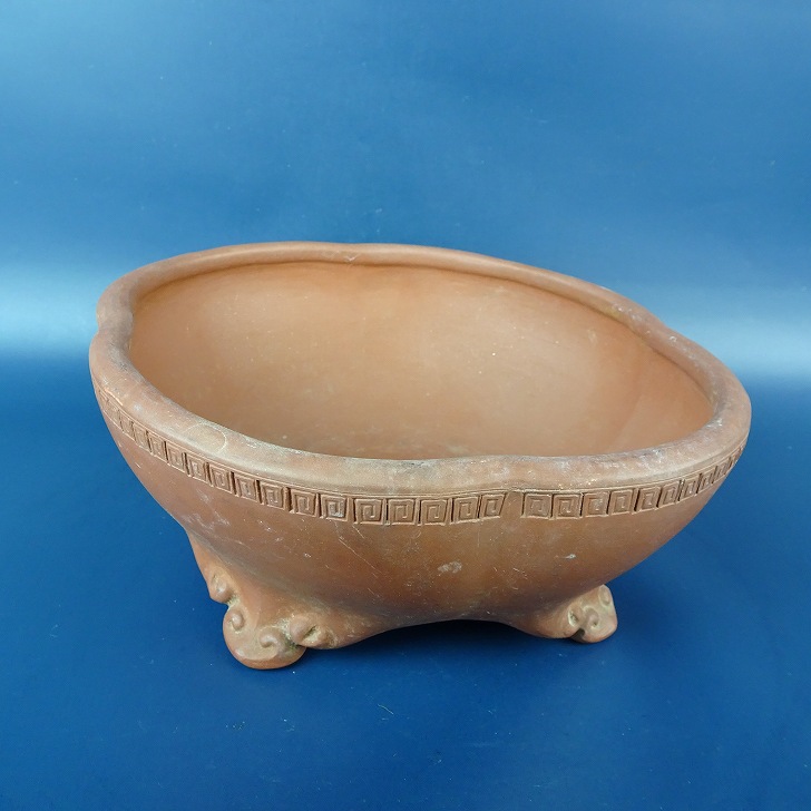 盆栽鉢　美芸　雷紋柄 中古】盆栽鉢 落款あり 小型 長辺 約19.5cm 木瓜鉢 雲足 彫入 雷紋