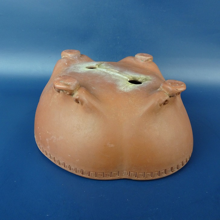 盆栽鉢　美芸　雷紋柄 中古】盆栽鉢 落款あり 小型 長辺 約19.5cm 木瓜鉢 雲足 彫入 雷紋