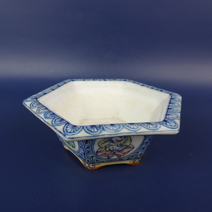 中古】盆栽鉢 初代 石田 祥石 小型 長辺 約 11.8cm 六角鉢 外縁 色絵