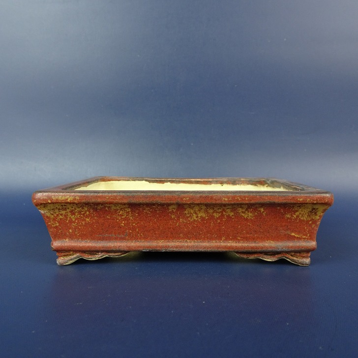 中古】盆栽鉢 落款あり 小型 長辺 約 11.1cm 長方鉢 外縁 下帯 釉薬
