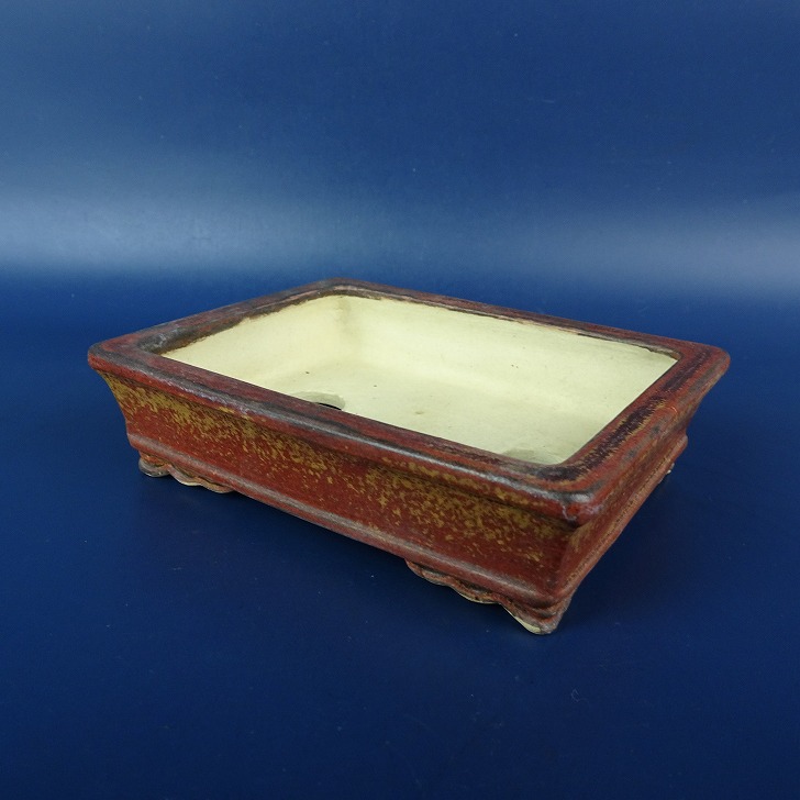 中古】盆栽鉢 落款あり 小型 長辺 約 11.1cm 長方鉢 外縁 下帯 釉薬