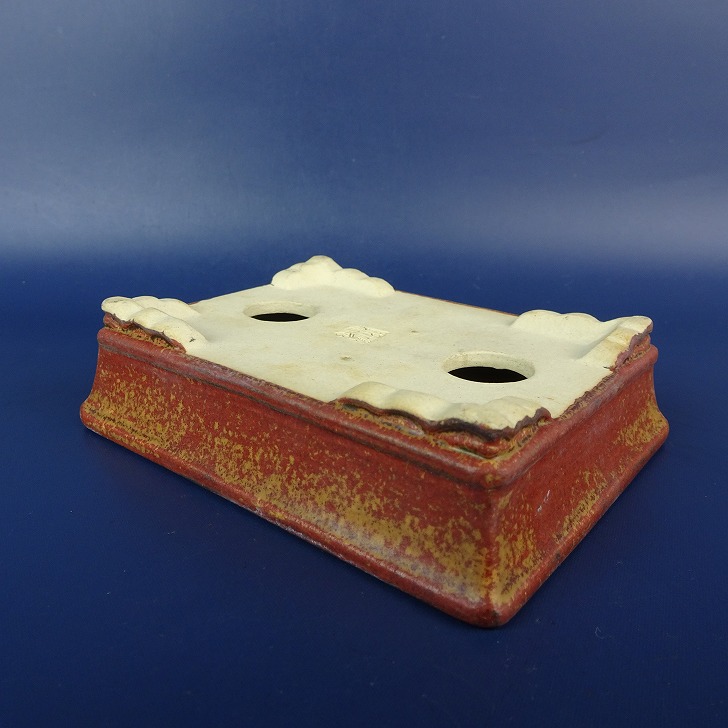 中古】盆栽鉢 落款あり 小型 長辺 約 11.1cm 長方鉢 外縁 下帯 釉薬