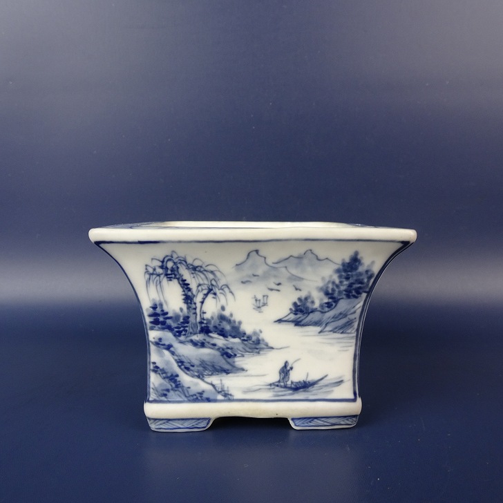 雪山　正方　盆栽鉢 中古】盆栽鉢 雪山? 小鉢 長辺 約 9.3cm 正方鉢 染付 風景 人物 花
