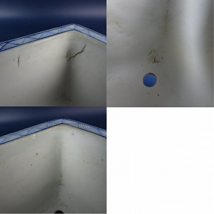 雪山　正方　盆栽鉢 中古】盆栽鉢 雪山? 小鉢 長辺 約 9.3cm 正方鉢 染付 風景 人物 花