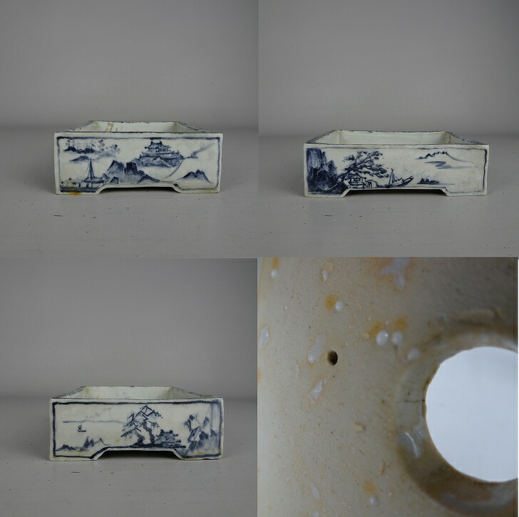 盆栽鉢 落款あり 小型 長辺 約 13.5cm 長方鉢 染付 人物 風景 鑑賞