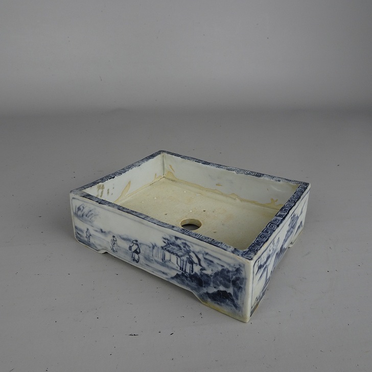 盆栽鉢 落款あり 小型 長辺 約 13.5cm 長方鉢 染付 人物 風景 鑑賞