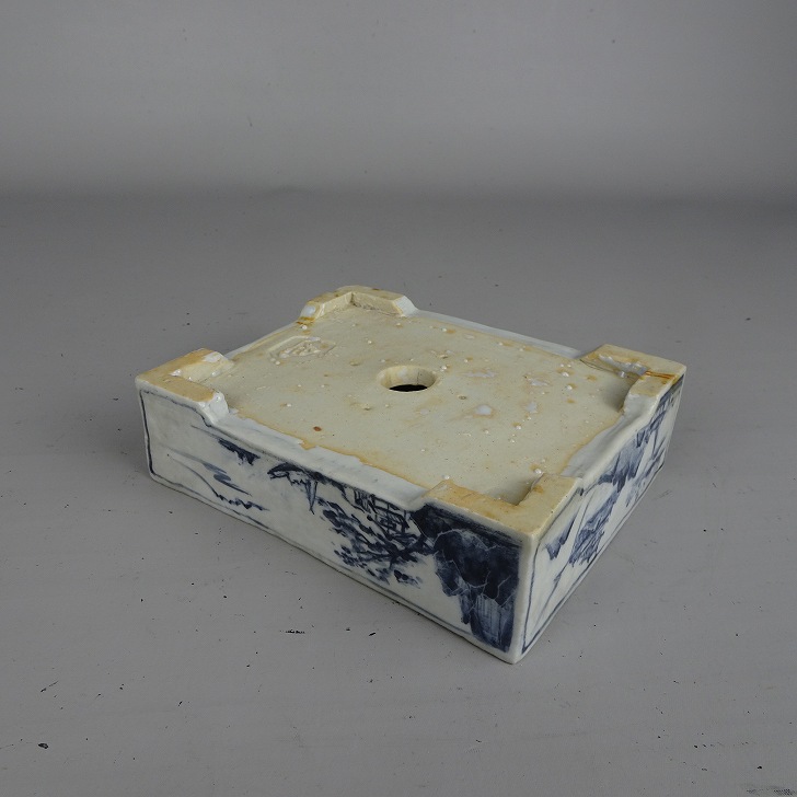 盆栽鉢 落款あり 小型 長辺 約 13.5cm 長方鉢 染付 人物 風景 鑑賞