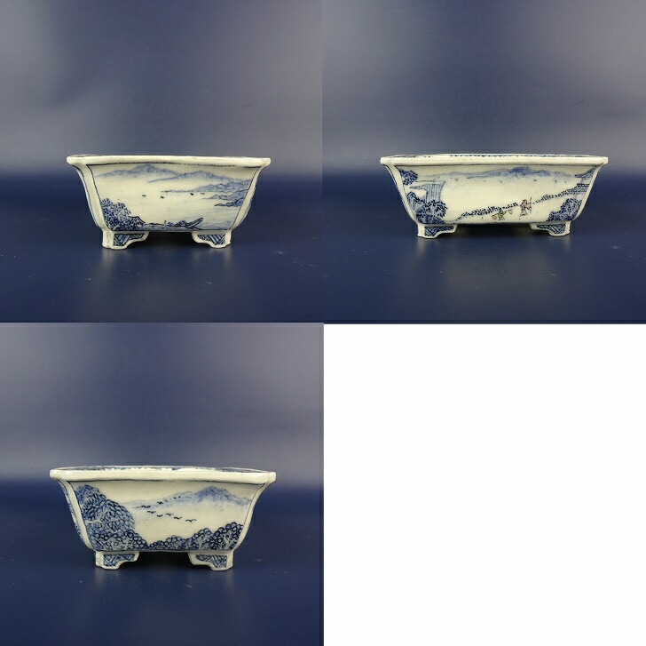 盆栽鉢 宇野 登 寿老庵 小型 長辺 約 10.5cm 長方鉢 隅入 色絵 山水画