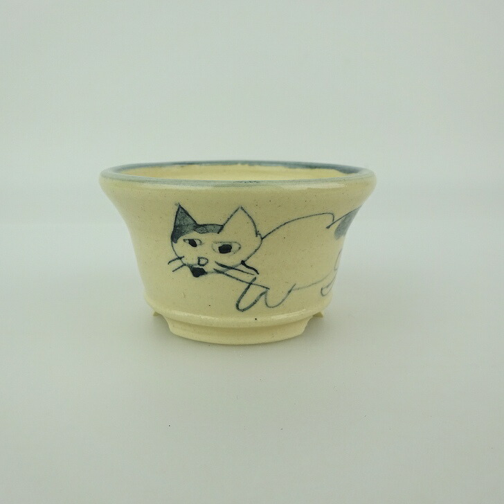 盆栽鉢 ゆうき祥石 小鉢 長辺 約 6.7cm 丸鉢 絵鉢 猫 ネコ ねこ