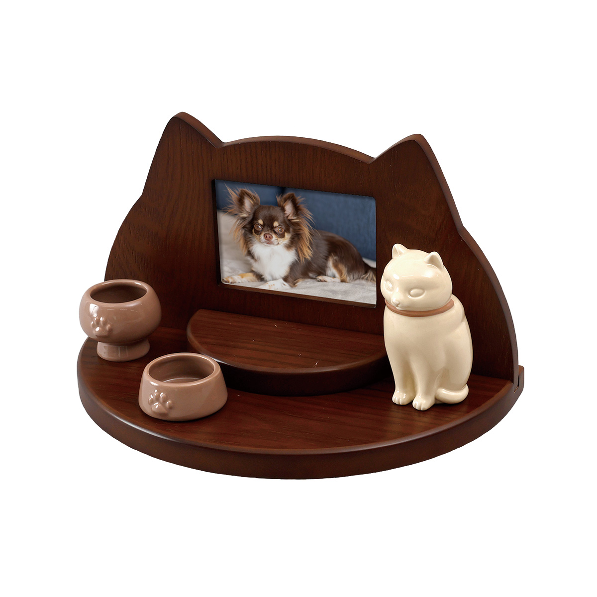 猫犬型スタンド仏壇＆陶器仏具3点セット ブラウンカラー ペット仏壇