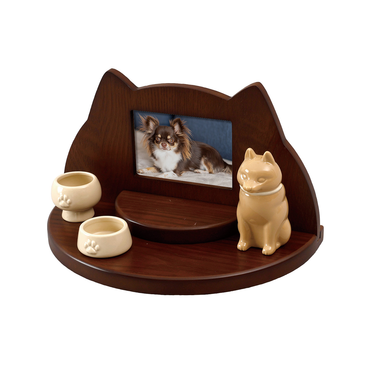 猫犬型スタンド仏壇＆陶器仏具3点セット ブラウンカラー ペット仏壇