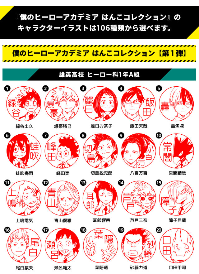 僕のヒーローアカデミアはんこコレクションのイラストはこちらからえらべます。