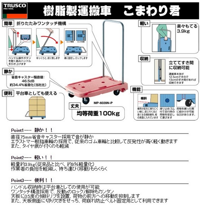 TRUSCO こまわり君 【ホワイト】 小型樹脂製台車 MP-6039N2-W