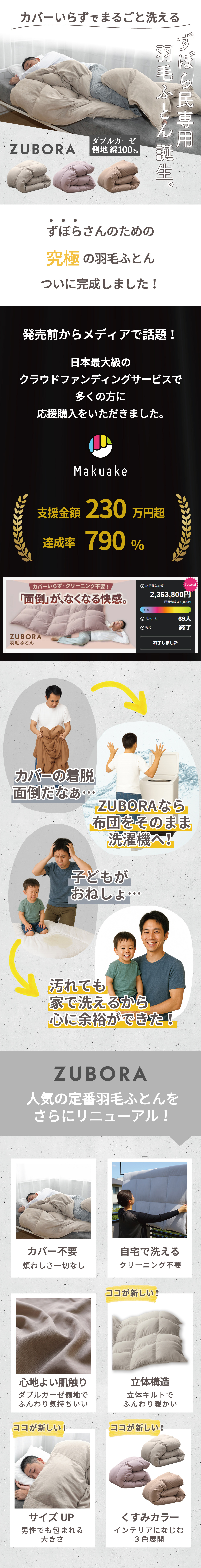 zubora 洗える羽毛布団 マクアケ達成率790%