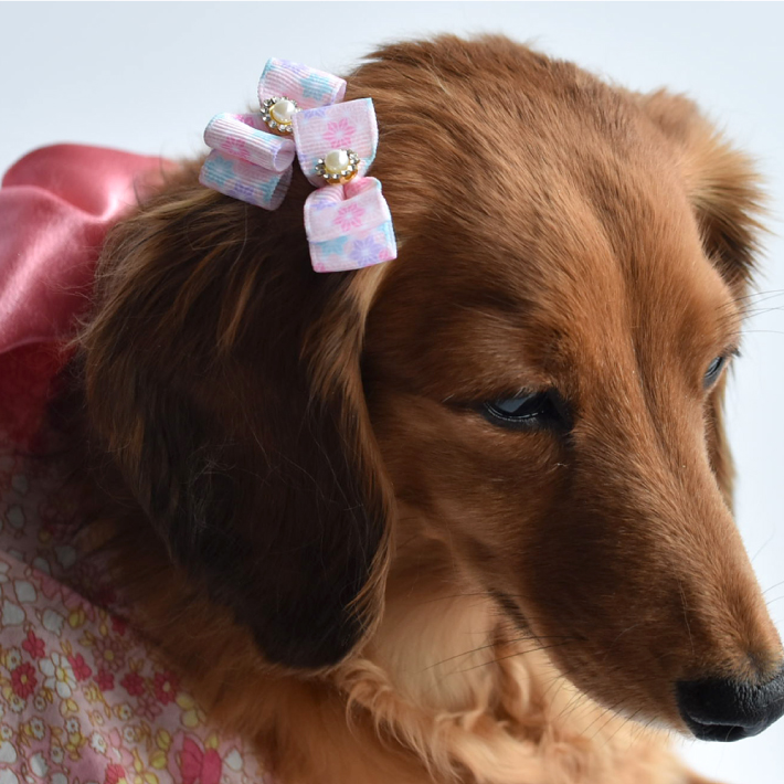 【犬 ヘアアクセサリー】 リボン 和風 花柄 ヘアゴム 6点セット トップノット 髪留め  髪飾り B |  | 12