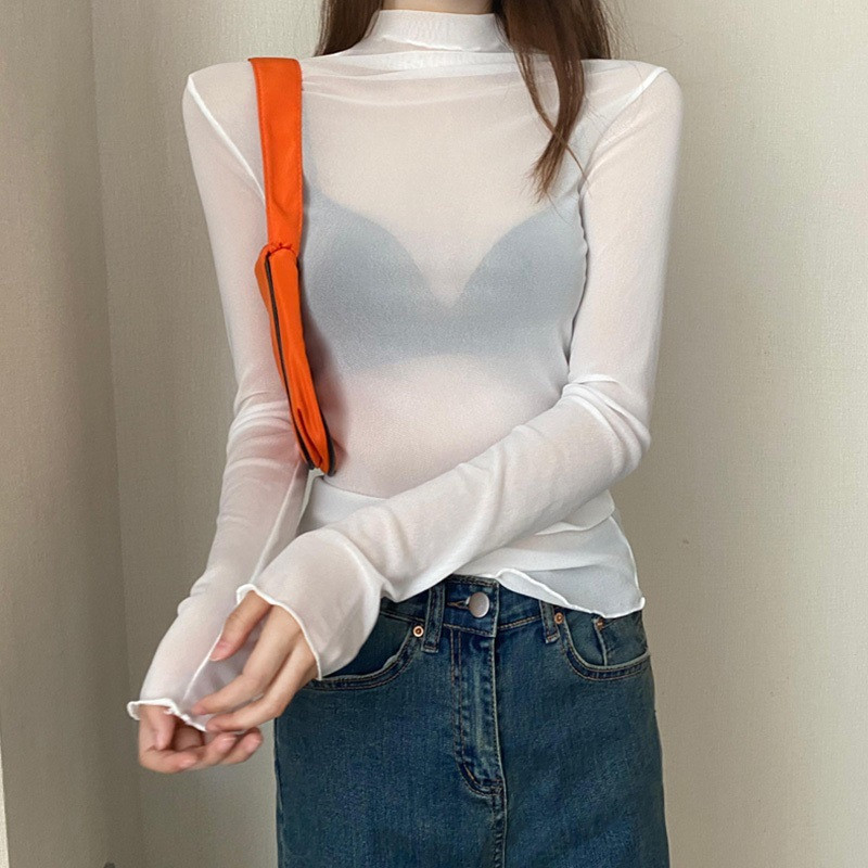 当店人気!シースルー レディース シアートップス ブラウス チュール 薄手 カットソー 夏 Tシャツ 透け感 長袖 ハイネック インナー 重ね着 |  | 02