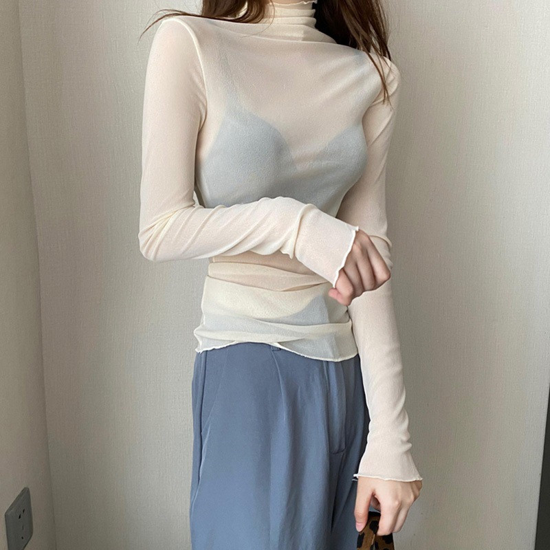 当店人気!シースルー レディース シアートップス ブラウス チュール 薄手 カットソー 夏 Tシャツ 透け感 長袖 ハイネック インナー 重ね着 |  | 03