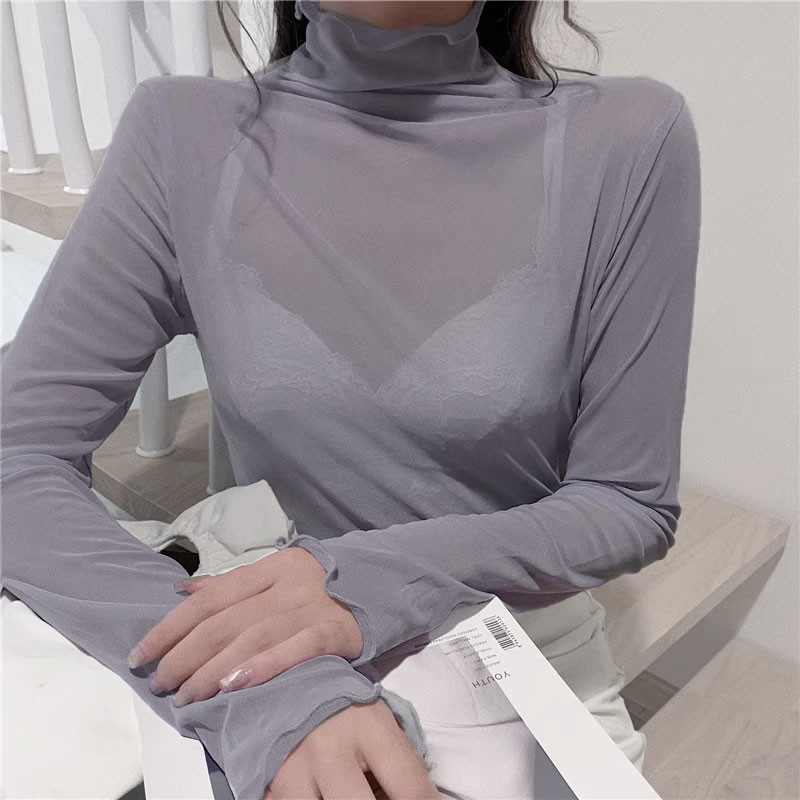 当店人気!シースルー レディース シアートップス ブラウス チュール 薄手 カットソー 夏 Tシャツ 透け感 長袖 ハイネック インナー 重ね着 |  | 04