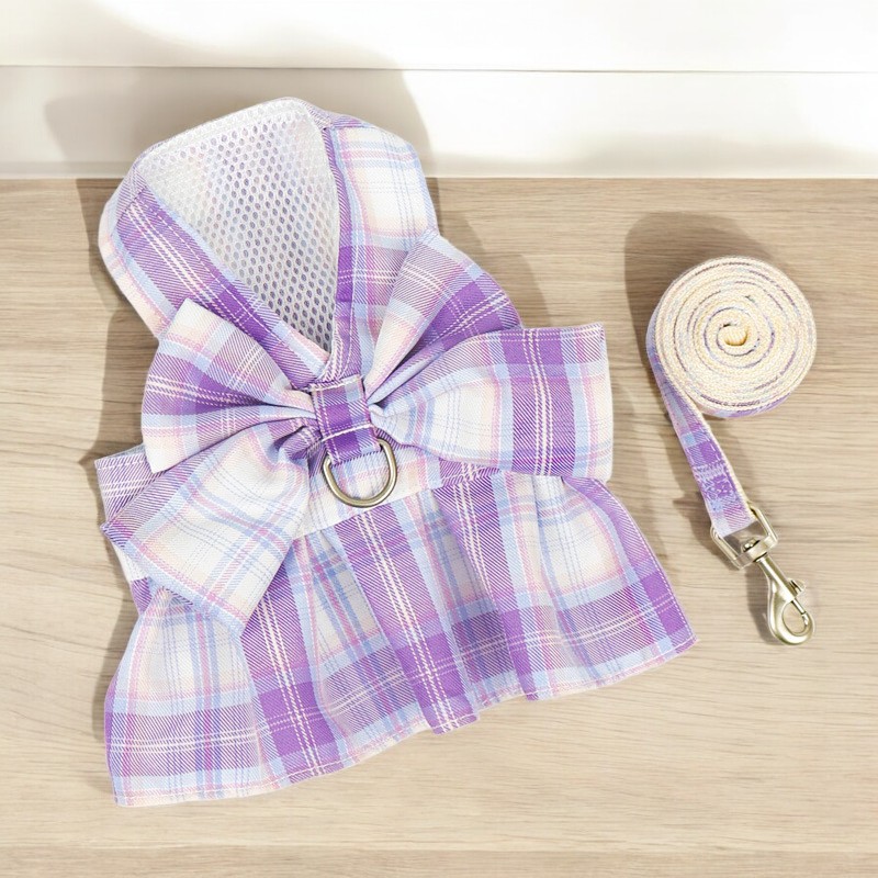 犬　リボン ハーネス リード 付  ドレス チェック ペット 服　猫 |  | 06