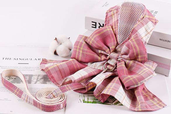 犬　リボン ハーネス リード 付  ドレス チェック ペット 服　猫 |  | 01