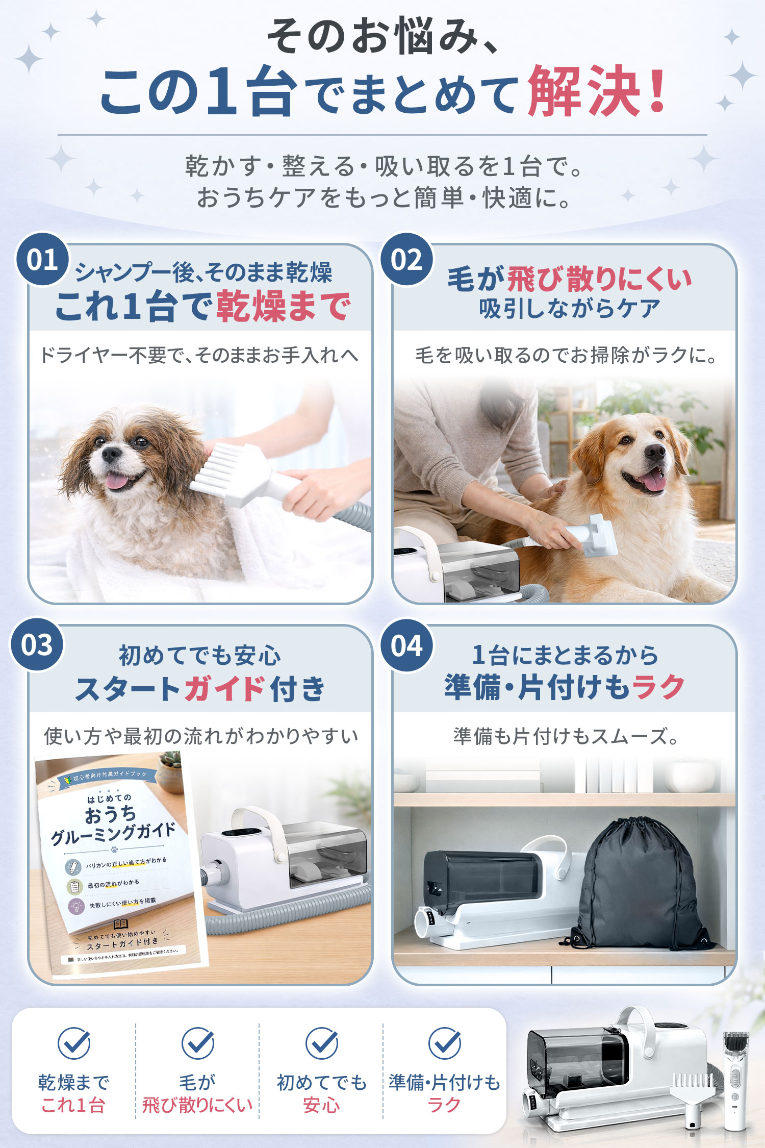 ペット用 グルーミング掃除機 ドライヤー バリカン 一体型 吸引