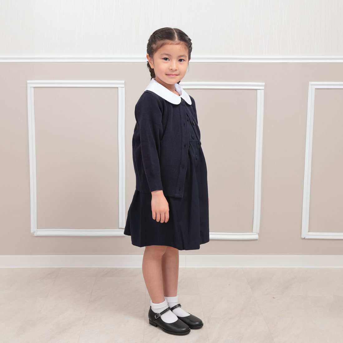 ウォシャブル素材 お子様用紺色無地カーディガン 幼稚園受験から小学校