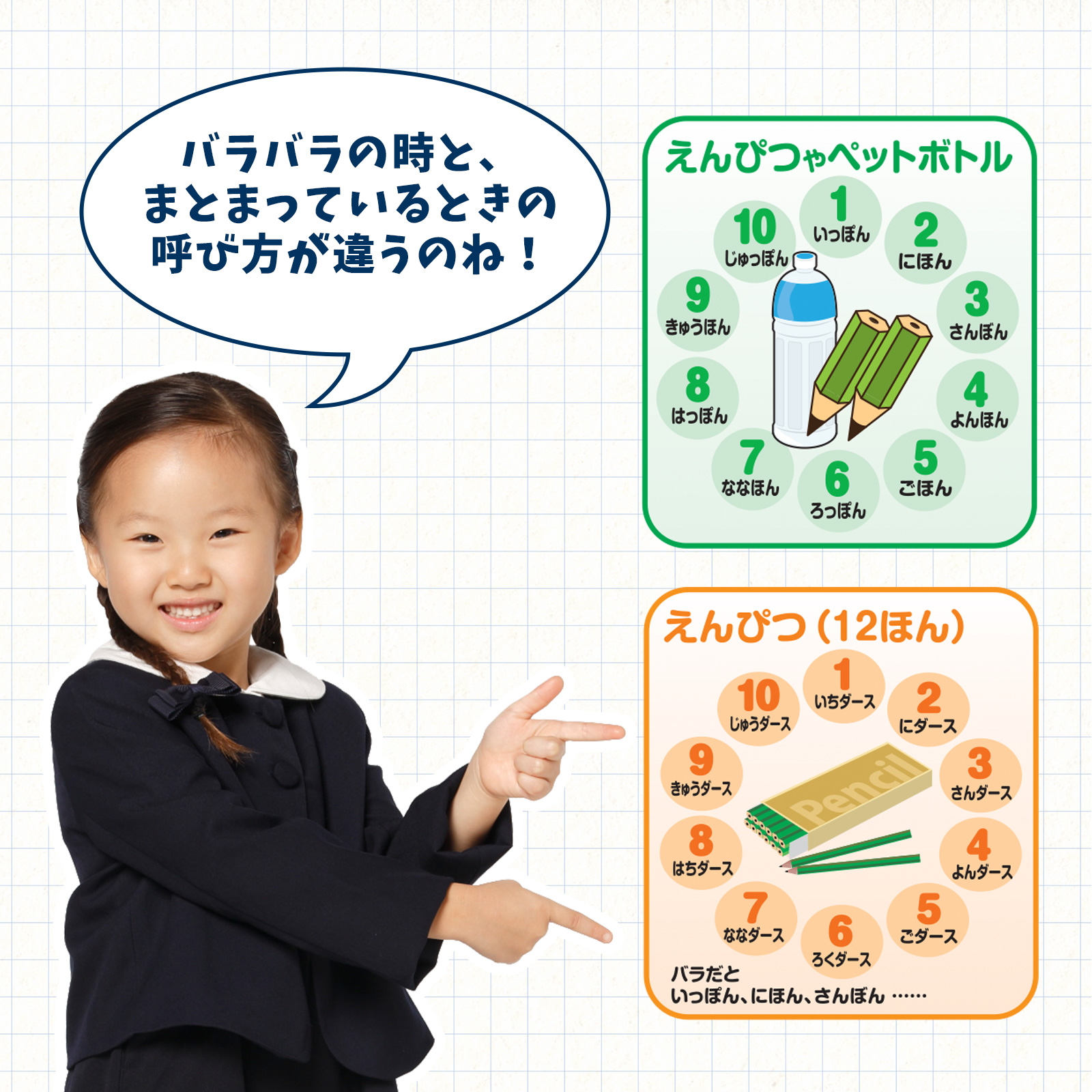 小学校受験、お受験対応！ものの数え方がイラストでわかりやすく学習できる知育ポスター　バラバラのときとまとまっているときの呼び方