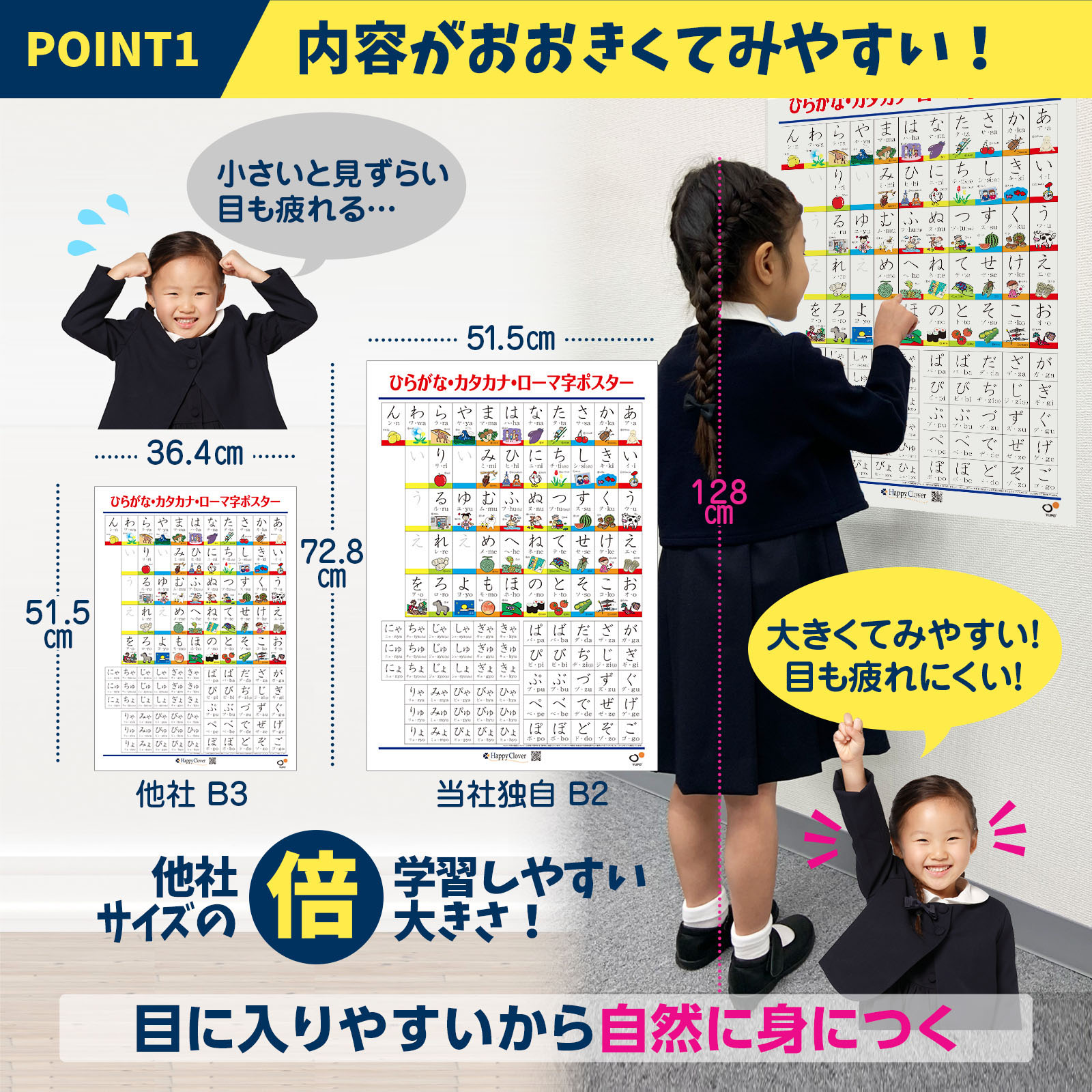 大きくて見やすいB2サイズ(728x515mm)で自然と身につくあいうえお