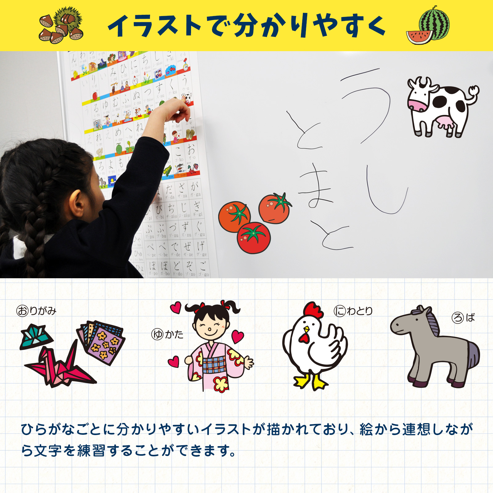 学習教材　あいうえお表で、ひらがなの基礎をしっかり学べて、日本語文字マスターに！イラストでわかりやすい知育ポスター
