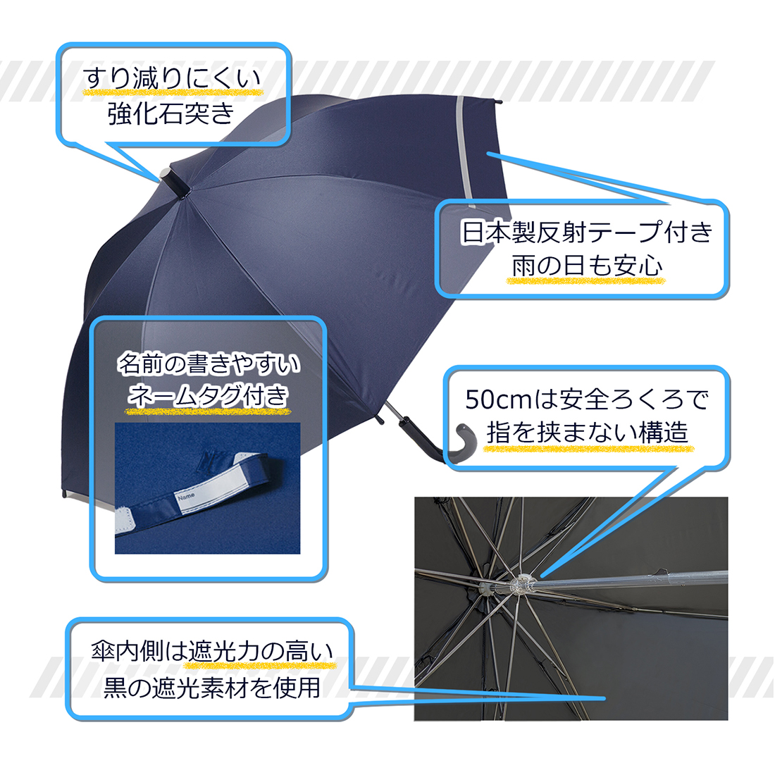 お子様用バックスライド濃紺傘 グラスファイバー骨 ランド傘 55cm