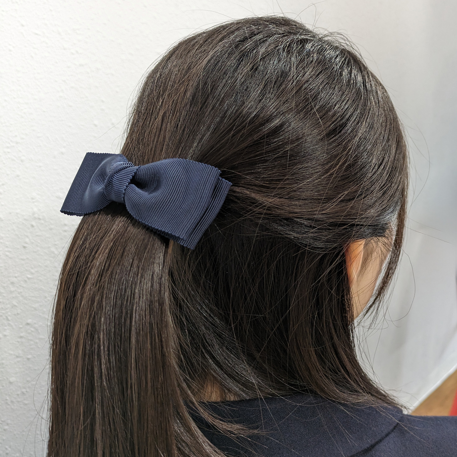 ダブルリボンのバレッタ＊ネイビー×ライトグレー＊パールカボション