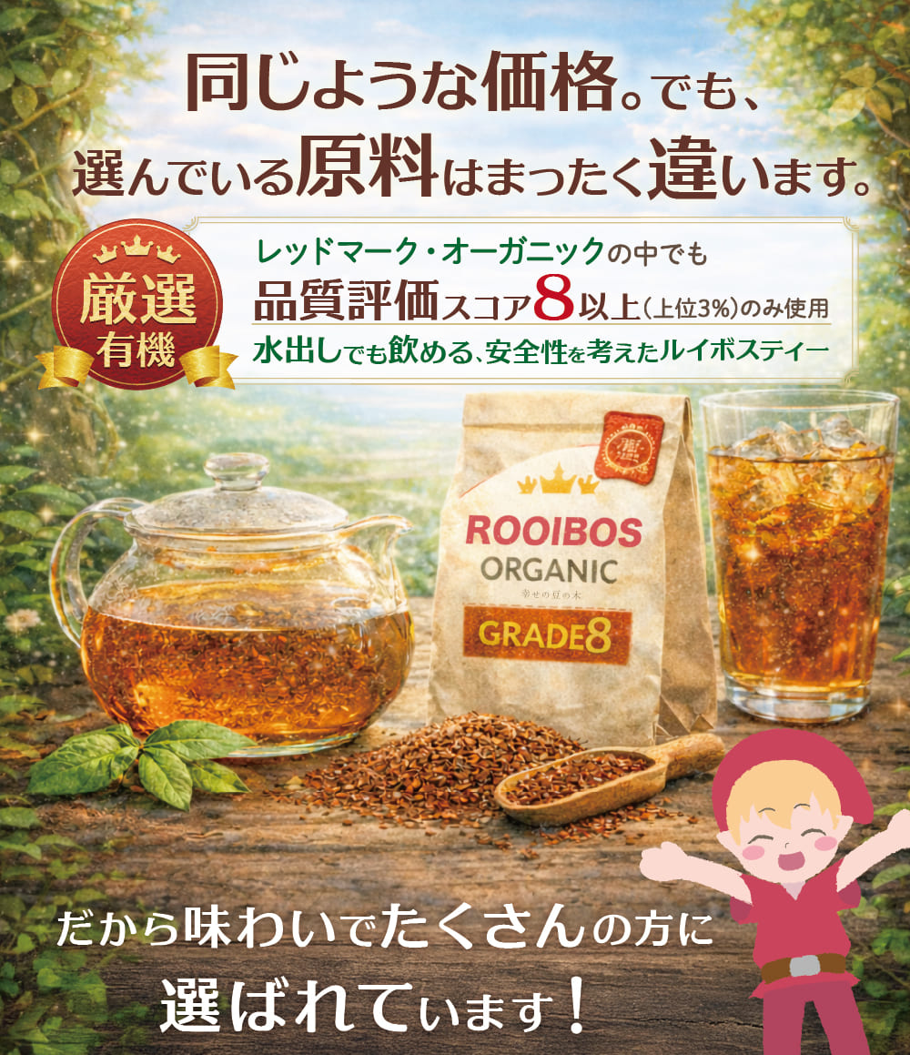 品質評価スコア8以上の高品質なルイボスのみを使用