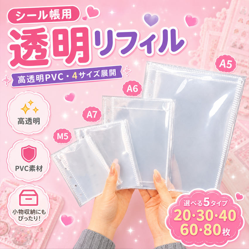 シール帳 台紙 リフィル 付き 透明 6穴 5穴 a7 m5 a6 サイズ はがせる