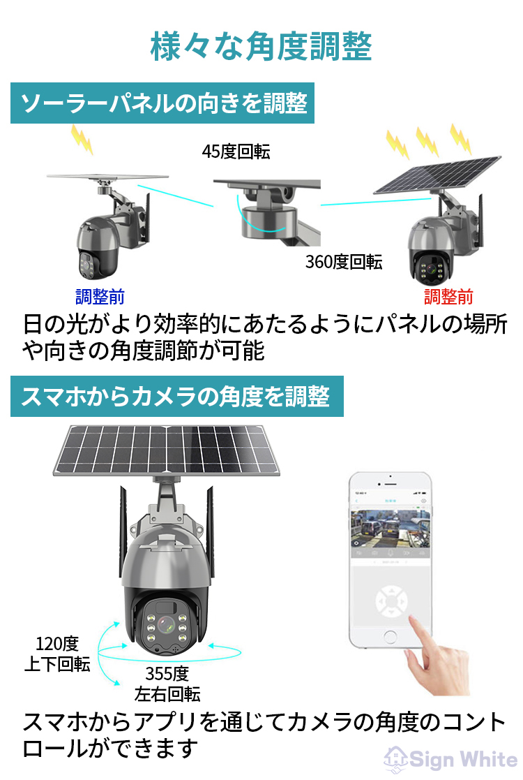 防犯カメラ 屋外 ソーラー 監視カメラ 防犯 防犯グッズ ワイヤレス ネットワークカメラ 家庭用 工事不要 パンチルト wifi 300万画素｜happyhappyrun｜04