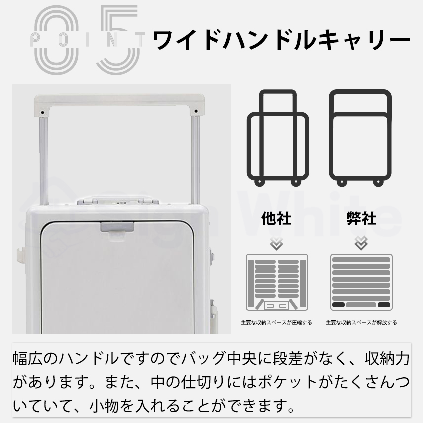 ホワイト 中型 キャリーケース 4輪 伸縮式ハンドル スーツケース キャリーケース フロントオープン ワイドハンドル