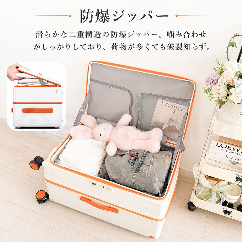 スーツケース フロントオープン 片開き キャリーケース 拡張機能付き ストッパー付き 機内持ち込み Sサイズ Mサイズ Lサイズ 軽量 静音 USBポート付きの画像