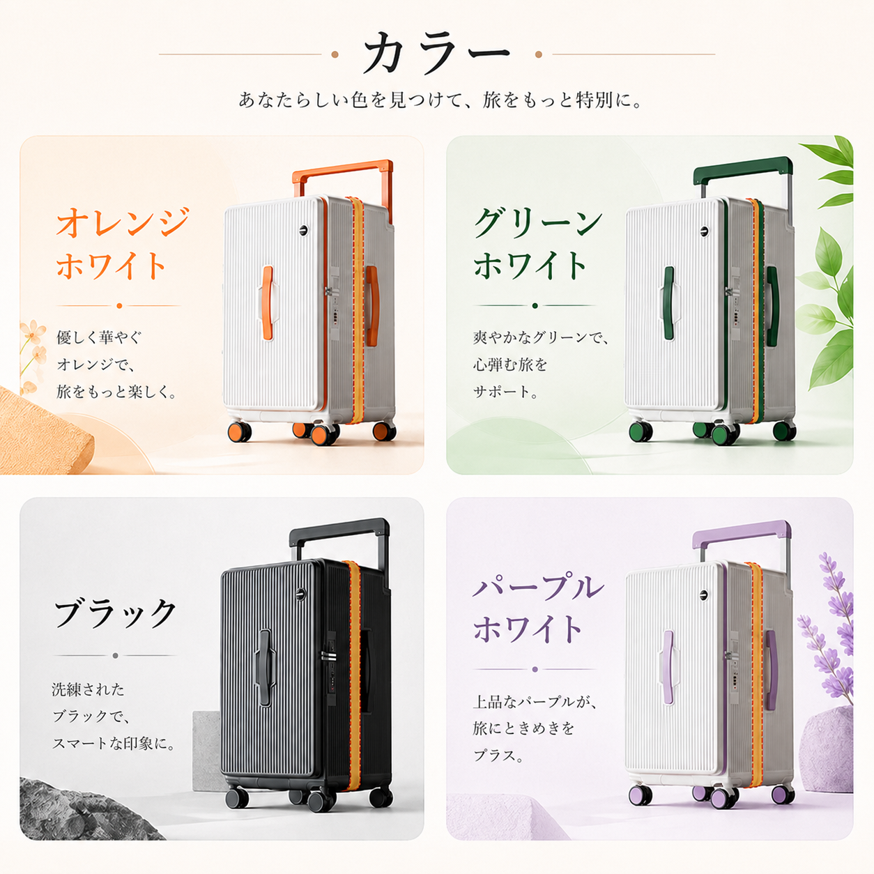 スーツケース フロントオープン 片開き キャリーケース 拡張機能付き ストッパー付き 機内持ち込み Sサイズ Mサイズ Lサイズ 軽量 静音 USBポート付きの画像