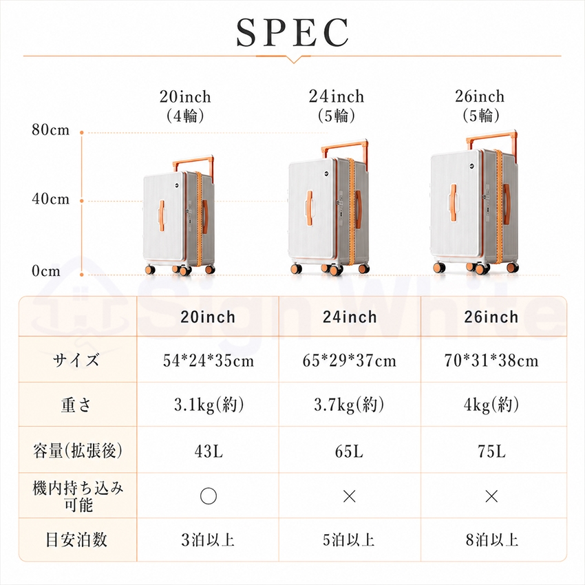 スーツケース フロントオープン 片開き キャリーケース 拡張機能付き ストッパー付き 機内持ち込み Sサイズ Mサイズ Lサイズ 軽量 静音 USBポート付きの画像
