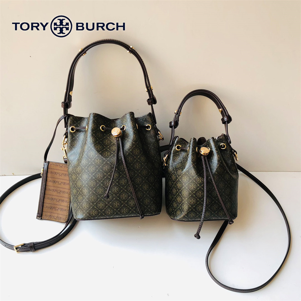 ★送関込み★Tory Burch Tモノグラム 装飾ミニバケットバッグ Tモノグラム レザー ミニ バケットバッグ: レディース クロス