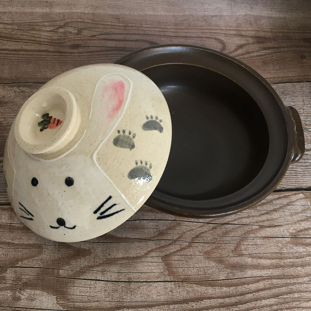 6号土鍋 手描ねこ うさぎ2色あり 萬古焼 マルヨシ陶器 日本製 送料