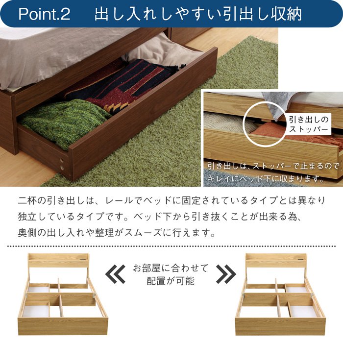 クイーンサイズベッド フレームのみ 収納 引き出し 棚付き コンセント